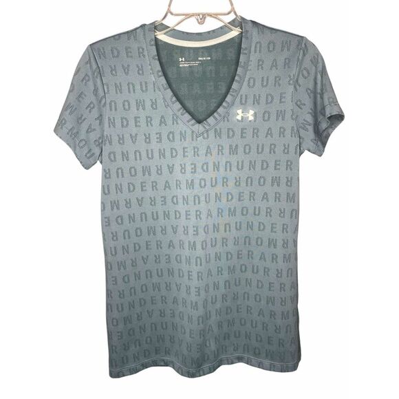 Under Armour Shirt Womens size small green/gray V Neck Heatgear‎ Short Sleeve - Picture 1 of 4
